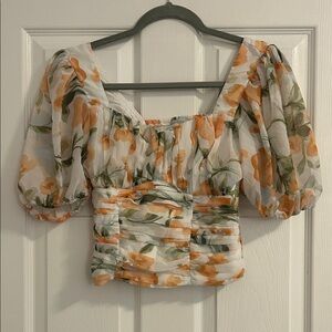 Abercrombie & Fitch White Floral Puff-Sleeve Crop Top - Orange Green Print